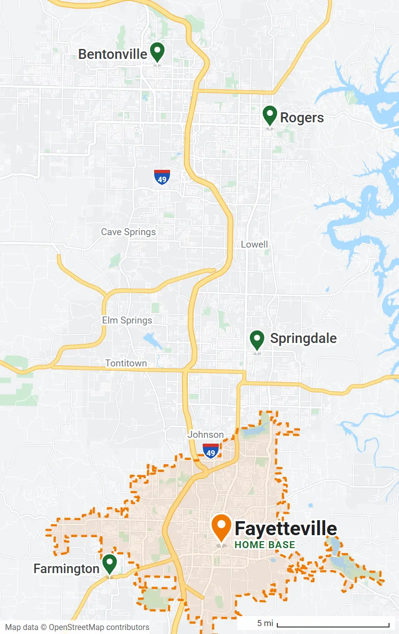 Map of Northwest Arkansas with the city limits of Fayetteville, our home base, outlined in orange and pins on Farmington, Springdale, Rogers and Bentonville